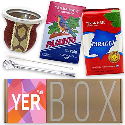 Yerba Maté Kit Yerbox : Pajarito Traditionnel 250g et Taragui Traditionnel 250g | Сalebasse (tasse maté) en verre recouvert de cuir (calebasse) | Bombilla en acier inoxydable | Brosse de nettoyage