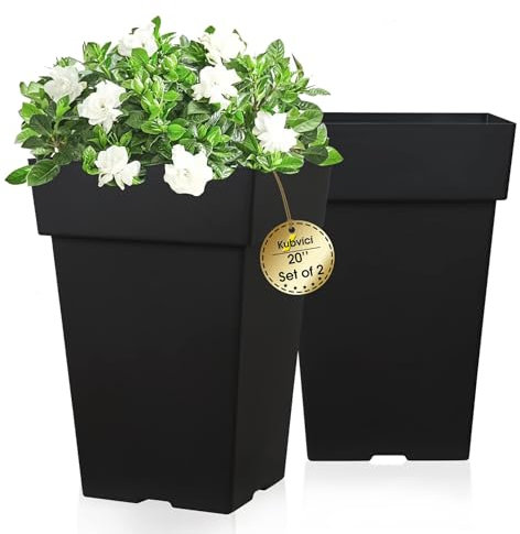 Kubvici Hohe Pflanzgefäße für Innen- und Außenpflanzen, 50,8 cm, Set mit 2 großen Kunststoff-Blumentöpfen mit Drainage für Veranda, Garten, Balkon, Deck, Hinterhof, Schwarz, 50,8 cm