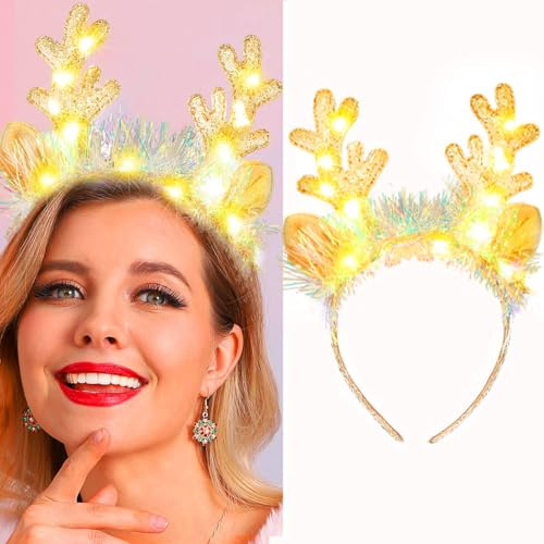 Fashband Weihnachten Stirnbänder Hirschohren Stirnband Glitzer Kapitel Haarspangen für Erwachsene Weihnachten (Gold)