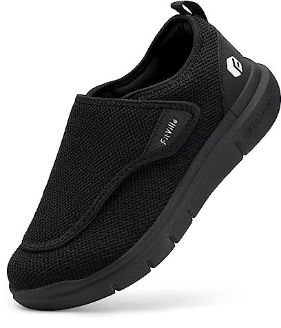 FitVille Mens Extra Wide Fit Diabetic Shoes Easy Close Adjustable Orthopedic Slippers for Swollen Feet Plantar Fasciitis Lightweight Walking Shoe, Black, 11 UK X-Wide