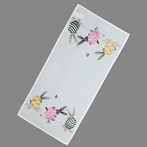 Tischdecke Ecru bunt für Ostern mit Stickerei Ostereier und Osterhasen Frühling (40 x 85 cm)