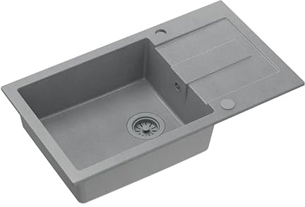 QUADRON Spülbecken Spüle Grau | Größe 78 x 45 x 18,5 cm | Granit Granitspüle CHRISTIAN 136 XL Einzelbecken Küchenspüle | mit manuellem Siphon und Abtropffläche | 1 Becken Einbauspüle