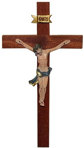 Kaltner Präsente Idea regalo – Crocifisso da parete in vero legno di faggio, croce in mogano con Gesù Cristo in pietra artificiale dipinta a mano (altezza 15 cm)
