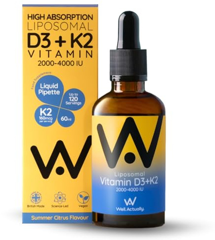 WELL ACTUALLY Liposomal Vitamin D3 + K2 Liquid Pipette - High Absorption Vegan Vitamin D3 4000 IU & Vitamin K2-7 160mcg as Menaquinone-7 MK-7 - Summer Citrus (up to 120 Servings)