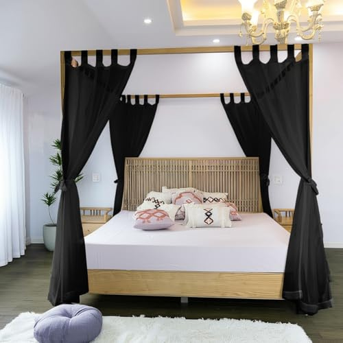 Linentalks Durchsichtige Betthimmel-Vorhänge, Queen-Size-Bett, Doppelbett, 4 Eckvordächer und Vorhänge, 4 Poster-Betthimmel-Vorhänge, Schwarz