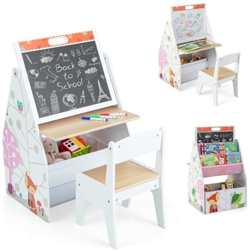 COSTWAY 3-i-1 barnbord och konststaffli & krittavla, barnstolsgrupp med magnetisk tavla & whiteboard & tygkorg & bokhylla, barnhylla med förvaring för pojkar och flickor (vit)