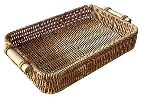 Derwrtup Rattan Serving Tray - Rectangular Wicker Tray - Bread Serving Baskets - Hand-Woven Serving Basket with Wooden Handles | for Fruit, Vegetable, Snack