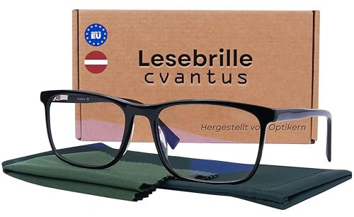 Cvantus Lunettes de lecture Premium | Qualité Ordonnance - Faites par des opticiens | Anti-lumière bleue & UV, Anti-reflets, Antistatique | Lunette loupe homme & femme carrées noires +3.00