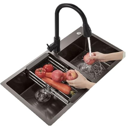 Fregadero Cocina 2 Senos, Acero Inoxidable Rectangular Moderno, con dispensador de jabón, con escurridor, para Lavadero, Patio, Hostelería, Bar Banco De Trabajo