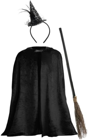 Girls Witch Costume - Black Velour Cape, Witch Hat on Headband and 3-Piece Broomstick - Kids Classic Scary Trick or Treat Halloween Fancy Dress Costume