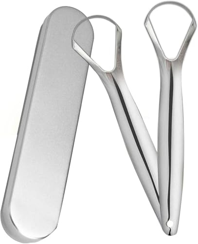 Wjelet 2 Pcs Tongue Bar Scraper, Fresh Breath Reusable Stainless Steel Tongue Scrapers with Case for Adults and Children Tongue Care Oral Hygiene