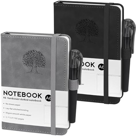 ZWQLZG A6, 2 stycken anteckningsböcker A6, 80 GSM-papper, 14,5 x 9,9 cm, 192 sidor anteckningsblock blankt med elastiskt band, fickor anteckningsböcker av PU-läder för skola, arbete och möten (svart