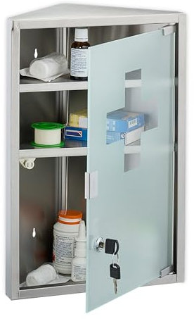 Relaxdays Armadietto Pronto Soccorso per Medicinali, Cassetta Medicine Chiusa a Chiave, 3 Scomparti, 5 cm, Vetro, Acciaio Inox, HLP: 45x30x17