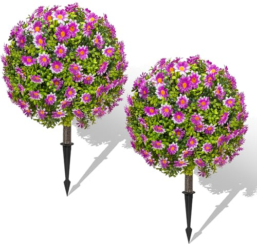25 Artificial Boxwood Topiary Ball Trees with Purple Daisy, Fake Mums Plants with Ground Spike，Set of 2 UV Resistant Faux Bushes, Fake Shrubs for Garden, Patio, Porch, Yard, Indoor