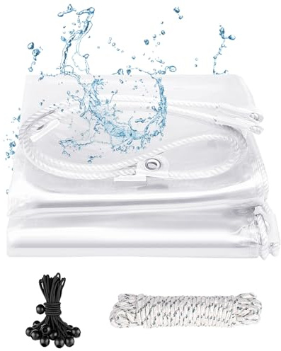SHANNA Transparent Tarpaulin Heavy Duty Tarp, 420 g/m² 0.8mx1.2m PVC Clear Waterproof Tarpaulin with Reinforced Grommets, Elastic Ropes, MultiPurpose Tarp Sheet Cover Outdoor Use for Garden Furniture