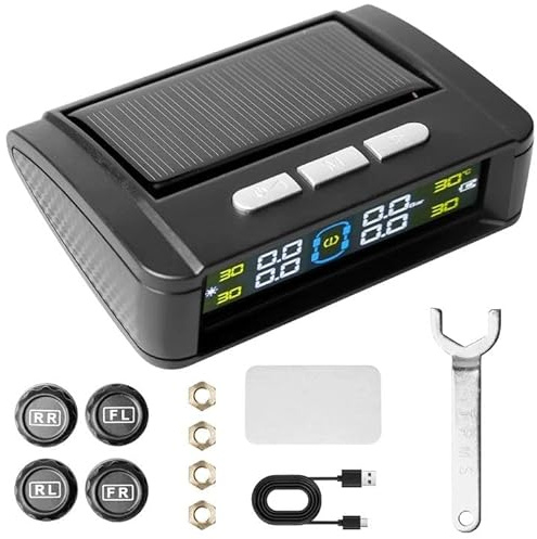 Reifendruckkontrollsystem, Solar/Type-C Ladung Großer Bildschirm Reifendrucksensor mit 4 IPX7 Wasserdicht Reifendrucksensoren, 0-6 Bar TPMS Reifendruckkontrollsystem für RV LKW Van SUV