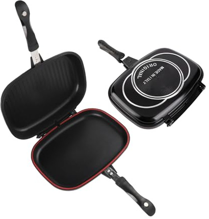 HERCHR Poêle à frire double face, poêle multifonctionnelle pour petit-déjeuner, poêle à griller, double face, portable, poignée anti-brûlure, ustensiles de cuisine, marmite à griller 32