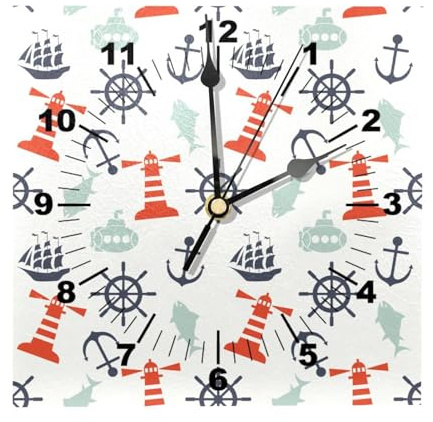 Faro Bussola Nave Ancora Pesce Orologio Da Parete Quadrato Funzionamento A Batteria Silenzioso Senza Ticking Legno Orologio Numero Orologi da Parete per Soggiorno Decor