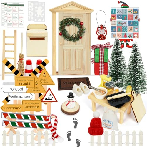 OSTWOLKE Wichteltür Set, 50 Stück Wichtel Zubehör Weihnachten Komplett, Wichtel Baustelle Set mit Briefen, DIY Backset, Adventskalender und Weihnachtswichtel Tür Holz für Weihnachtsdekoration