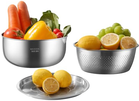 MAXCOOK Juego de 3 cuencos de acero inoxidable, cuenco colador de acero inoxidable 18/8 para enjuagar arroz, ensaladas y masa, ideal para preparar alimentos, apto para el lavavajillas | Tazón de acero inoxidable 18/8, para enjuagar arroz, ensaladas, masa, preparación de cocina, apto para lavavajillas