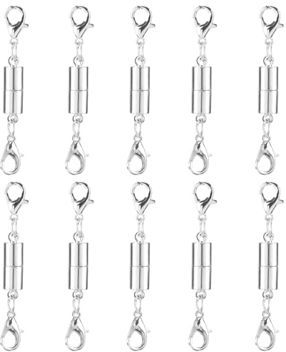 Förpackning med 10 Magnetiska Smyckeslås | Magnetiska Förlängare med Dubbla Hummerkrokar för Halsband, Armband, Fotlänkar (Silver)