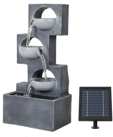 Gardenwize - Solar Powered Geometric Steps Water Feature with Battery Backup & LED Lights, Outdoor Garden Water Fountain with Solar Panel, Modern Tiered Cascade Design