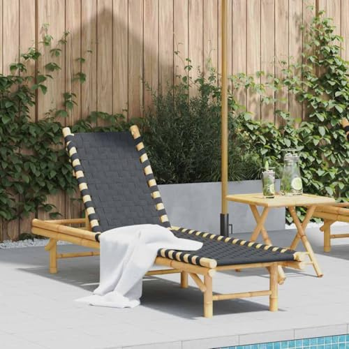 Mandloder Chaise longue en bambou avec sangle noire réglable sur 3 positions, pour extérieur, plage, piscine, terrasse, 55 x 200 x 30 cm, charge maximale : 110 kg