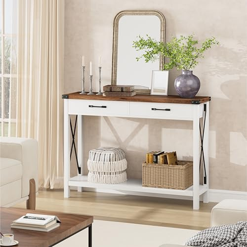 Garvee Mesa Consola Estrecha Estilo Rústico con 2 Cajones y Estante, Mueble Recibidor y Salón, Madera MDF Blanco y Marrón 109x30x79 cm