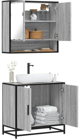 VIHHQGC Set di mobili da bagno Sonoma grigio in legno con mobiletto lavabo e armadietto a specchio per montaggio a parete, design industriale, resistente all'umidità