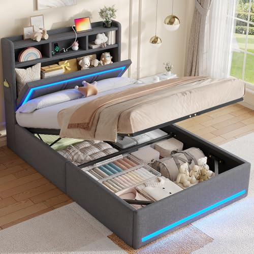 AOGLLATI Letto Singolo con Contenitore, Letto Singolo 90x200 cm con Luci LED, 3 Porte USB e 1 Porta Type-C, Struttura Letto con Cassone Idraulico, Letto Imbottito con Testiera (Grigio Scuro, Lino)