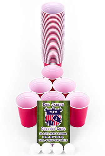 Evil Jared Hasselhoff Partybecher | College Red Cups | Beer-Pong Party-Zubehör Set | 50 Rote Party-Becher (480ml) + 4 Ping Pong Bälle + Spielregeln