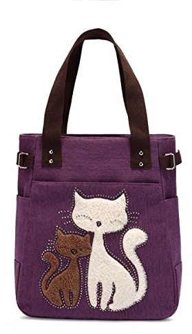 ShopINess Bolso Tote de Lona con Gatos Bordados Múltiples Bolsillos Cremallera Práctico Bolso de Hombro Mujer (Lila)