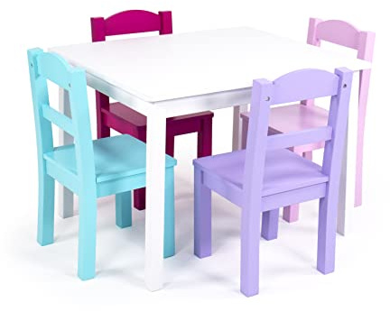 Humble Crew Kids Wooden Table and 4 Chairs Set, White/Pink/Purple/Aqua - Kids Table and Chair Set for Toddlers and Children for Arts, Crafts, and Snack Time - Sturdy, Durable Toddler Activity Table