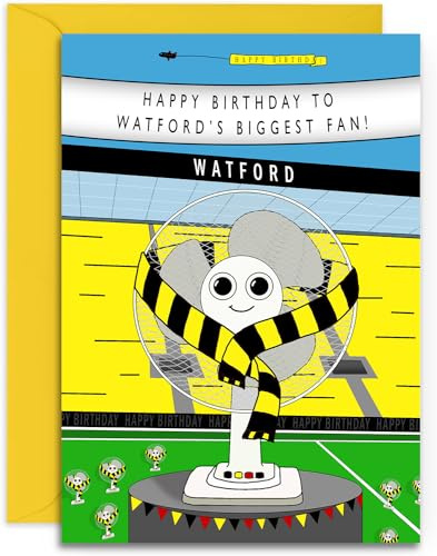Geburtstagskarte für Fußball-Fans, Motiv: Watford-Fan, A5 (148 x 210 mm), mit gelbem Umschlag. Entworfen und gedruckt in Großbritannien