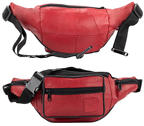 Leder Bauchtasche 7 Fächer Gürteltasche Reißfest Ledertasche Reißverschluss Hüfttasche Outdoor Gurttasche Wandern Reisen Urlaub (Rot)