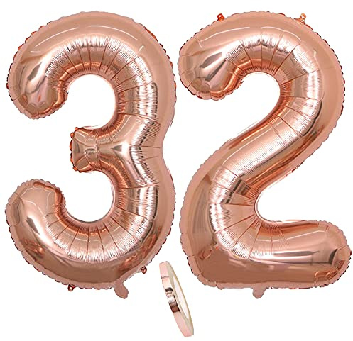 2 Numero di Palloncini 32, Numeri 32 Anni Compleanno Decorazioni Oro Rosa Donna Ragazza, Rose Gold Grandi Gigante Foil Elio Palloncino Gonfiabile Balloons Happy Birthday Matrimonio Festa (XXXL 100cm)