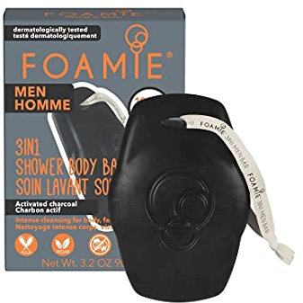 Foamie Shower Gel Men I What a Man 3-in-1 Soap Bar for Men with Activated Charcoal I Solid Shampoo, Facial Cleanser and Body Wash I Vegan, No Plastic I 90g