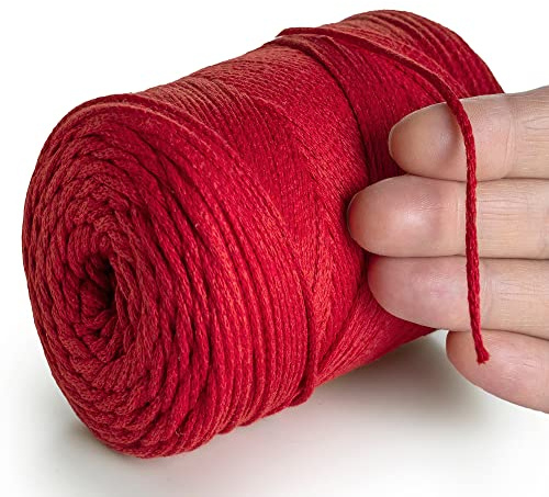 MeriWoolArt® Makramee Garn Rot 2 mm x 250 m Baumwollkordel, recyceltes weiches Baumwollgarn für das Stricken von Pflanzenhängern, Schmuckherstellung, Häkeltaschen