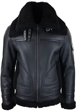 TruClothing.com Herren Lederjacke Shearling Schaffell Mantel Zipped Flying Schafsleder Jacke Schwarz Winter Warm Fell - schwarz 4XL