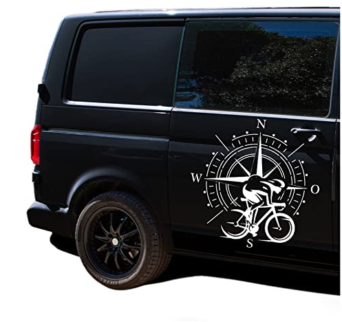 Autoaufkleber Kompass Sport Rennrad 60x60cm Windrose Sticker Folie für Auto Wohnwagen Anhänger Aufkleber Selbstklebend Kfz Zubehör KX072 KX073 (Kompass weiß, Rennrad Weiß)
