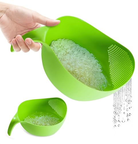 Rice Strainer with Handle - Lightweight Rice Washer Strainer Bowl with Smart Design for Easy Water Draining, Easy to Use & Clean ABS Plastic Colander with Handle for Cereals, Pasta, Vegetables, Fruits