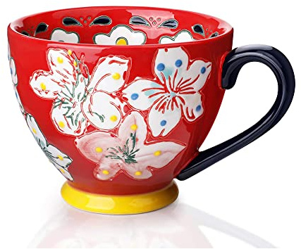 Jiotouhu Keramisk kaffemugg, stor storlek blomma handgjord kaffe mjölk tekopp - bästa julklappar för kvinnor - mors dag gåvor till mamma - röd