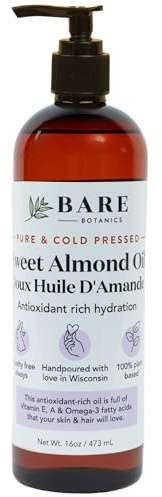 Bare Botanics 100% Pure Sweet Almond Body Oil 16 oz - Cold Pressed & Natural for All Over Moisturization - Multipurpose Carrier Oil for DIY - Hydrate Dry Skin, Hair & Body - Vegan, Cruelty Free Beauty