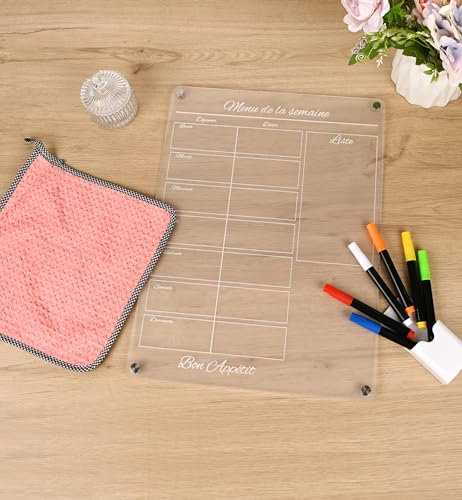 HOUSENTIALS Calendrier Magnetique Frigo Français - Tableau Organisateur Magnétique - Planning Semainier Effacable Repas, Agenda Familial - Planner Cuisine 30x40 - X6 Feutres, Support, Chiffon & Aimant