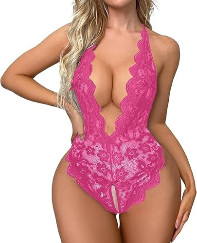 Rayson Body da Donna Sexy Babydoll Camicia Scollo a V Aperto Trasparente Bodysuits Erotico Pizzo Lingerie Top Completi Lace Intima da Notte(Rosa)