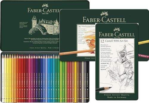 Faber-Castell 110036 - Künstlerfarbstift Polychromos, 36er Metalletui + Bleistifte Set Castell 9000 Art, 12 verschiedene Härtegrade 8B - 2H