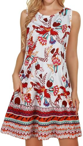 elescat Damen-Sommerkleider 2024, Strand, lässig, ärmellos, Blumendruck, Tanktop, lockeres Sommerkleid mit Tasche, Groß