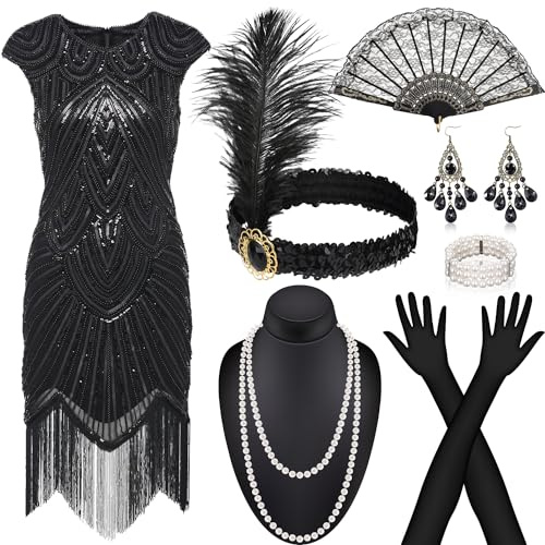 Alintor Vestito Anni 20 Donna, Vestito Charleston Donna, Disfraz de Carnaval para Mujer, Vestido de Flecos para Mujer, Flapper Anni 20 Donna