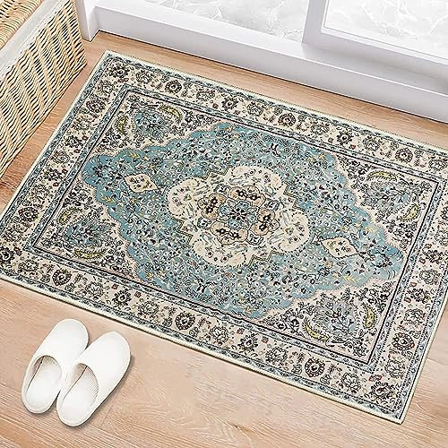Nyescasa Boho Teppich Wohnzimmer Schlafzimmer Vintage Kurzflor Teppich Weich Waschbar rutschfest Teppiche für Kinderzimmer Esszimmer Flur Küche, Türkis, 40x60 cm