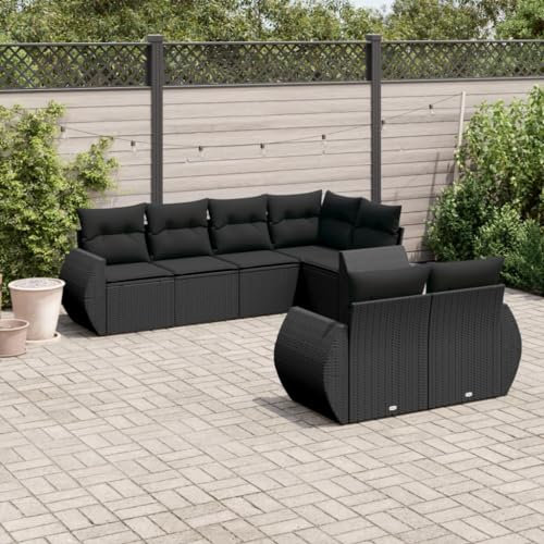 Rantry 7-TLG. Garten Sofagarnitur mit Kissen Gartensofa mit Stauraum Gartenlounge Balkonmöbel Gartenmöbel Loungesofa Ecksofa Rattansofa Loungemöbel Sitzgruppe Gartenset Schwarz Poly Rattan